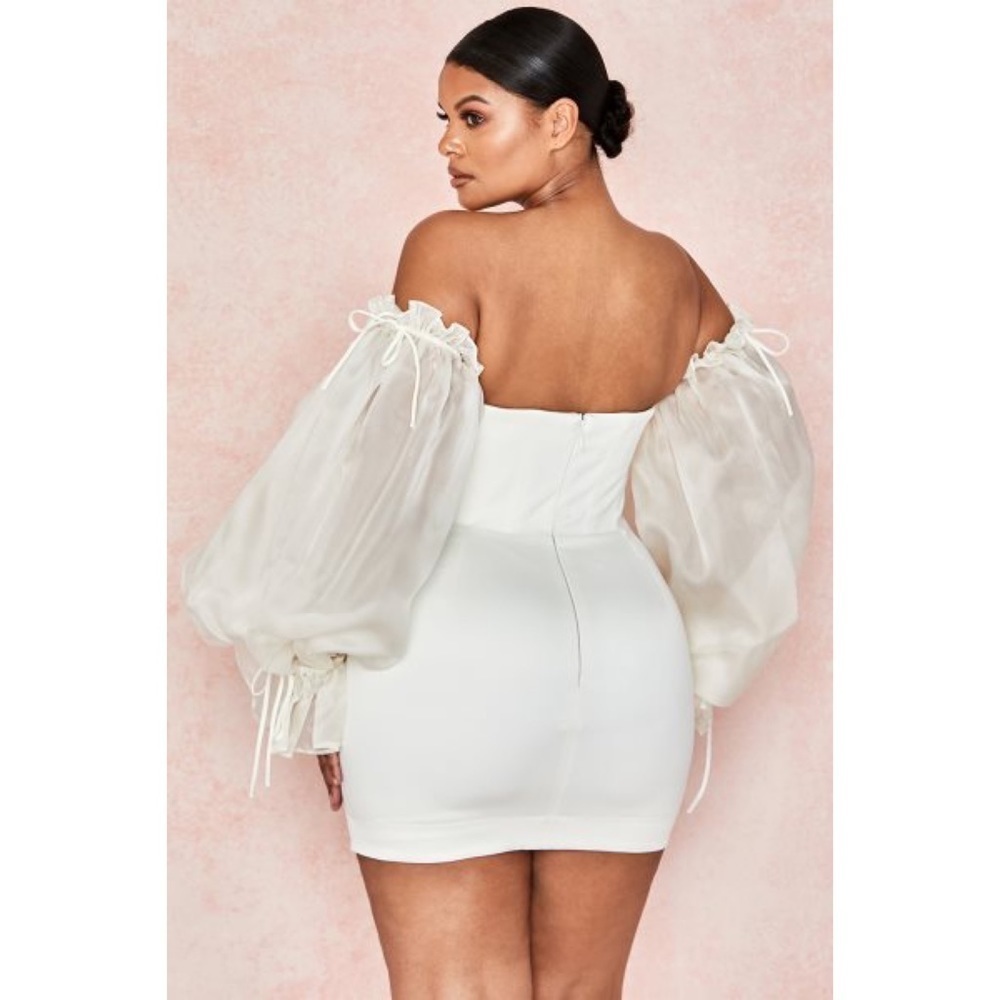 NWT House of CB Marisa Ivory Satin Corset Tulle Long Sleeves Mini Bodycon Dress - Picture 12 of 14